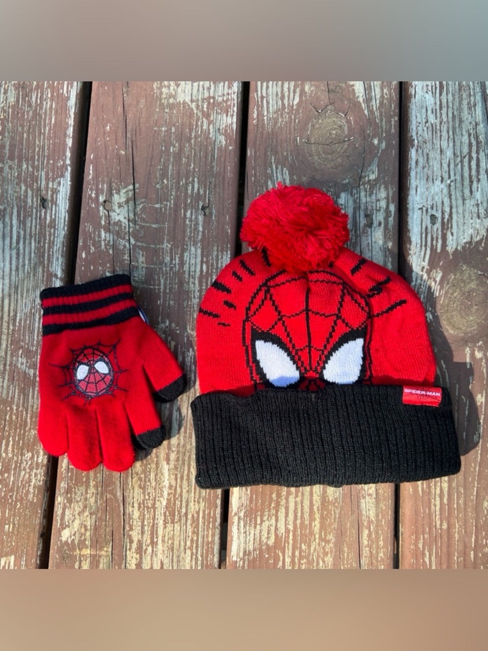 Spiderman Marvel Beanie knit Cap:One Size + Gloves:7x15cm Youth Kids Winter Set